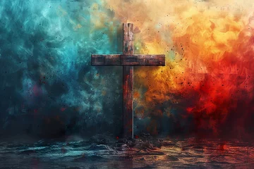 Fotobehang Cross of Jesus Christ on a colorful watercolor background. Illustration © krishnendu