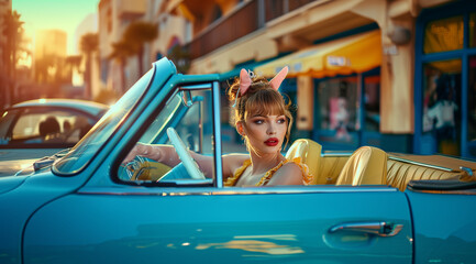 Beautiful girl sitting in the retro blue convertible car and wearing bunny ears. Spring Easter day at sunset. - Powered by Adobe