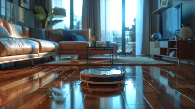 Vacuum robot diligently cleans the living room on a scheduled task