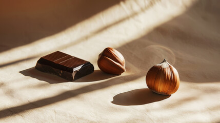 Peeled hazelnuts and delicious piece of dark chocolate on aesthetic dark brown background....