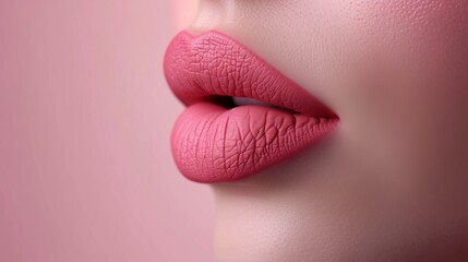 Beautiful plump pink matte lips side view - obrazy, fototapety, plakaty