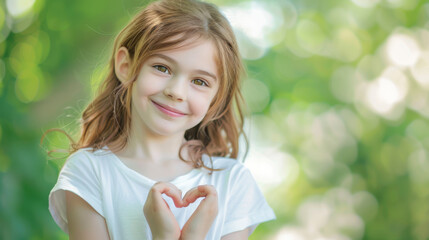 young girl with a joyful expression making a heart shape with her hands, standing outdoors with a blurred green natural background.