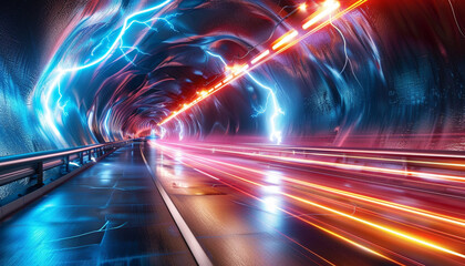 3D concept design of a super speed tunnel with lightning energy beams lining the path creating a sense of warp speed - obrazy, fototapety, plakaty