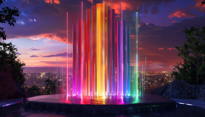 3D render of a futuristic LGBTQ monument glowing with neon pride colors against a night cityscape symbolizing hope and progress