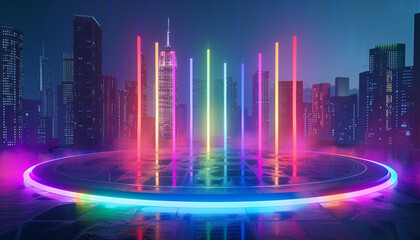 3D render of a futuristic LGBTQ monument glowing with neon pride colors against a night cityscape symbolizing hope and progress