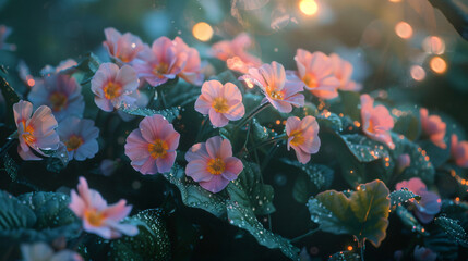 Primrose blossoms in a garden during the twilight hours. 