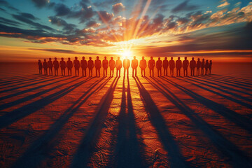 a powerful image of human silhouettes standing together on a horizon at dawn the rising sun casting long shadows symbolizing hope and the equality of all human beings - obrazy, fototapety, plakaty