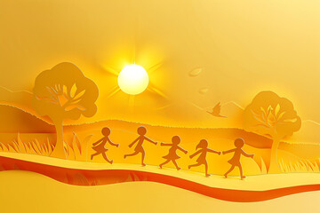 A simple yet elegant paper cut illustration of children playing under a bright sun capturing the joy of Childrens Day minimalistic color palette