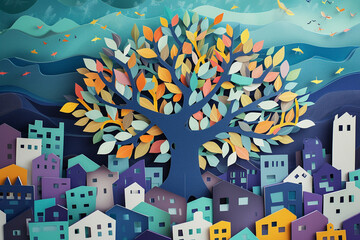 A whimsical scene of a paper cut tree its form simplified yet vibrant amidst a playful rendition of a city using a limited color scheme to emphasize sustainability and harmony