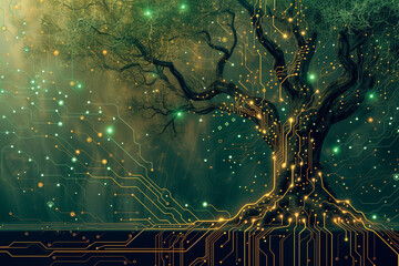 artistic rendering of a tree where the branches and roots form a network of electronic traces on a circuit board using a mix of natural and neon colors to create a dynamic and thought