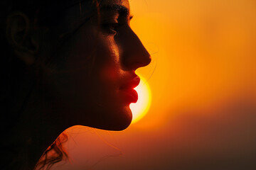 close up image of a woman with an assertive expression her silhouette outlined against a sunset representing resilience and power for Womens Day - obrazy, fototapety, plakaty