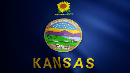 Kansas flag with fabric texture that moves in the wind. Smooth movement of the waving flag in a perfect loop. Blue, yellow, freedom, country, nation, USA state.