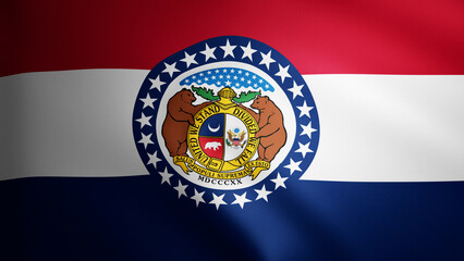 Obraz premium Missouri flag with fabric texture that moves in the wind. Smooth movement of the waving flag in a perfect loop. White, blue, red, yellow, freedom, country, nation, USA state.