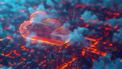 close up of a cloud symbol composed of binary code and digital elements floating above a high tech cityscape symbolizing cloud computing services and the internet of things IoT