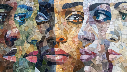 close up of a mosaic of human faces each from different ethnicities and ages blending together into a unified portrait representing the equality and diversity of humanity