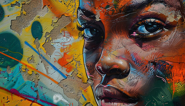 close up of a colorful street art piece on an urban wall with intricate layers of spray paint creating a lifelike portrait amidst abstract patterns reflecting the artists vision and the streets