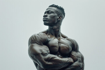 dynamic shot of a male bodybuilder posing emphasizing the power and sculpted form of his arm muscles set against a minimalist background to keep the focus on the anatomy - obrazy, fototapety, plakaty