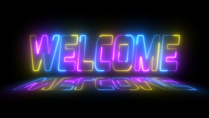 Glowing 3D Welcome text on the black background. Animated of the welcome word in multicolor. welcome text on a neon sign.