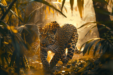 Majestic leopard stealthily moving through a dense jungle at dawn muscles tense eyes focused camouflaged by the morning light filtering through the trees - obrazy, fototapety, plakaty