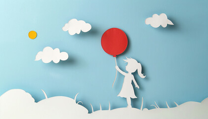Minimalist paper cut design of a child holding a balloon set against a clear sky embodying the freedom and happiness of Childrens Day - obrazy, fototapety, plakaty