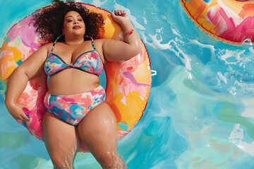 playful drawing of a confident plus size woman lounging in a pool on a floatie in a vibrant bikini capturing a moment of fun and relaxation