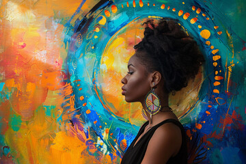 portrait of a powerful woman standing confidently against a vibrant backdrop embodying strength and independence perfect for Womens Day celebration - obrazy, fototapety, plakaty