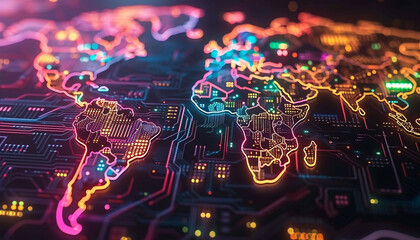 stylized illustration of the world map made up of digital circuits and glowing neon lines representing countries and oceans as interconnected networks of information flow - obrazy, fototapety, plakaty