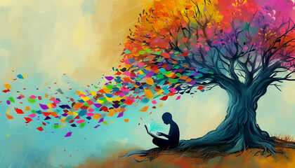whimsical illustration of a person sitting under a tree with colorful ideas in the form of leaves flowing from their mind into a river of creativity symbolizing the nurturing of inspiration - obrazy, fototapety, plakaty