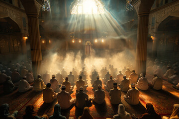 wide angle shot of a mosque at evening prayer time the faithful gathered in unity with light beams and smoke creating a mystical ambiance emphasizing the communal spirit of worship - obrazy, fototapety, plakaty
