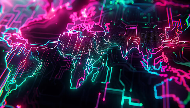 stylized illustration of the world map made up of digital circuits and glowing neon lines representing countries and oceans as interconnected networks of information flow