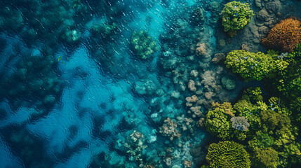 Naklejka na ściany i meble Aerial view of a coral reef in crystal clear waters.