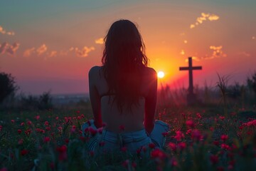 Silhouette of a woman sitting on the grass praying in front of a cross at sunset - obrazy, fototapety, plakaty