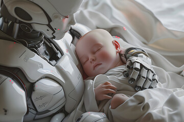Robot nanny taking care of a peacefully sleeping baby wrapped in a blanket