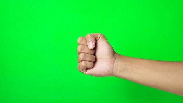 Playing rock paper scissor close up shot isolated on green screen chroma key. Fist