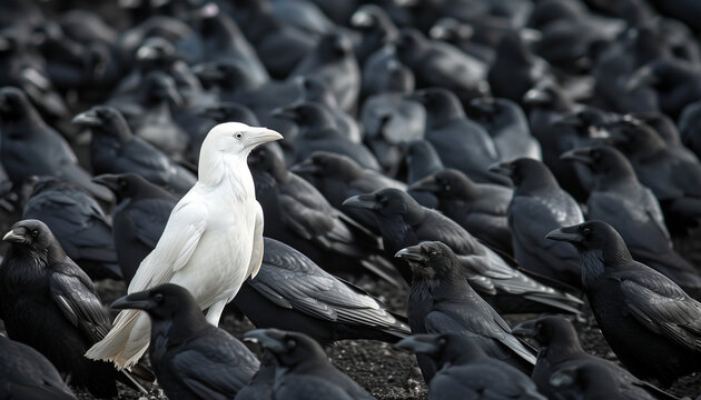 White crow in a flock of black crows, photo