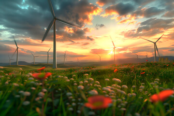 Meadow full of flowers with windmills in the background in the sunset