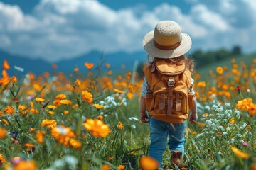 Little Girl Walking Through a Field of Flowers