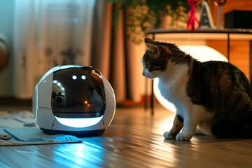 Cat looking at home assistant robot in an interior space