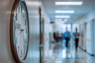 Close-up of a clock in an office with blurred people in motion