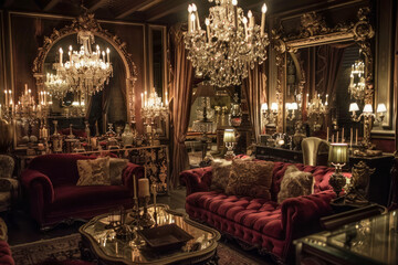 Fototapeta na wymiar Elegant Gothic drawing room with plush sofas, gilded mirrors.