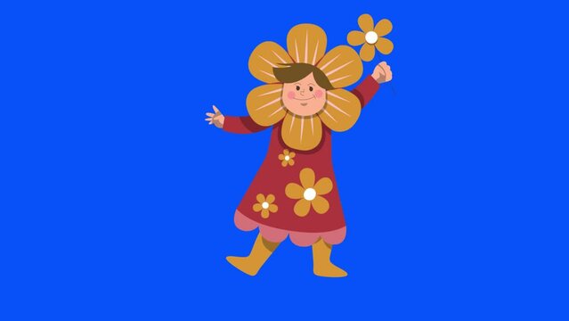 2d cute flower man dancing, concept idea or example of simple animated cartoon fun videos on blue screen isolated background