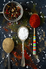 Spoons with spices and salt on black background sprinkled with different kind of spices