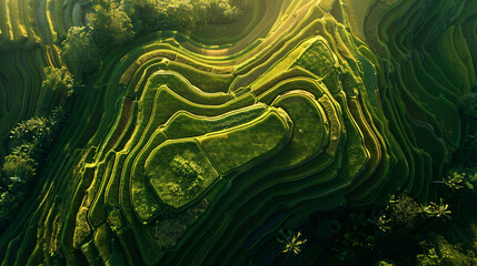 A captivating aerial view of terraced rice fields at sunset.