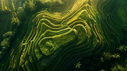 Raamstickers Rijstvelden A captivating aerial view of terraced rice fields at sunset.