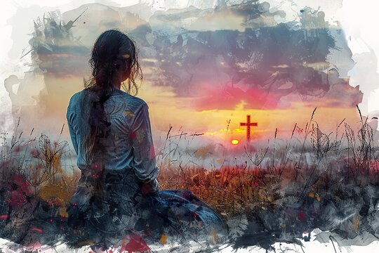 Young woman kneeling and looking at the cross in the sky. Digital watercolor painting