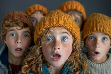 Obraz premium Group of Young Children Wearing Knitted Hats