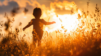 A childs silhouette running joyfully through a field of tall grass with the sun setting behind.