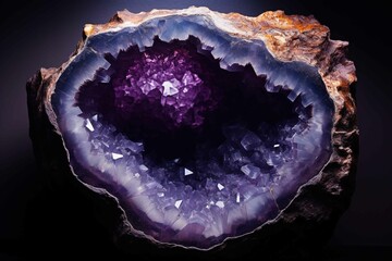 Obraz premium Amethyst geode half opened, revealing deep purple crystals