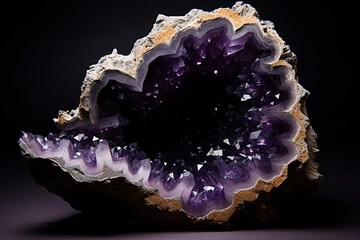 Amethyst geode half opened, revealing deep purple crystals - obrazy, fototapety, plakaty
