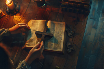 A woman believing in God holds a wooden cross on an open Bible sitting at a table in the night light - obrazy, fototapety, plakaty